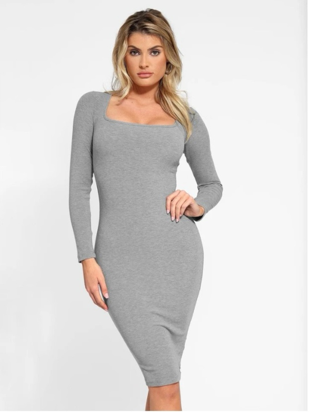 Popilush Shapewear Midi Dress XS Gray Square Neck Bodycon Long Sleeve